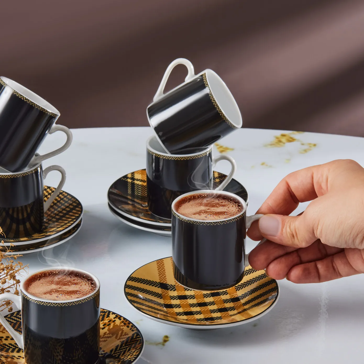 Karaca Schwarz kariert Kaffeetasse Set für 6 Personen 80 ml – Bild 5